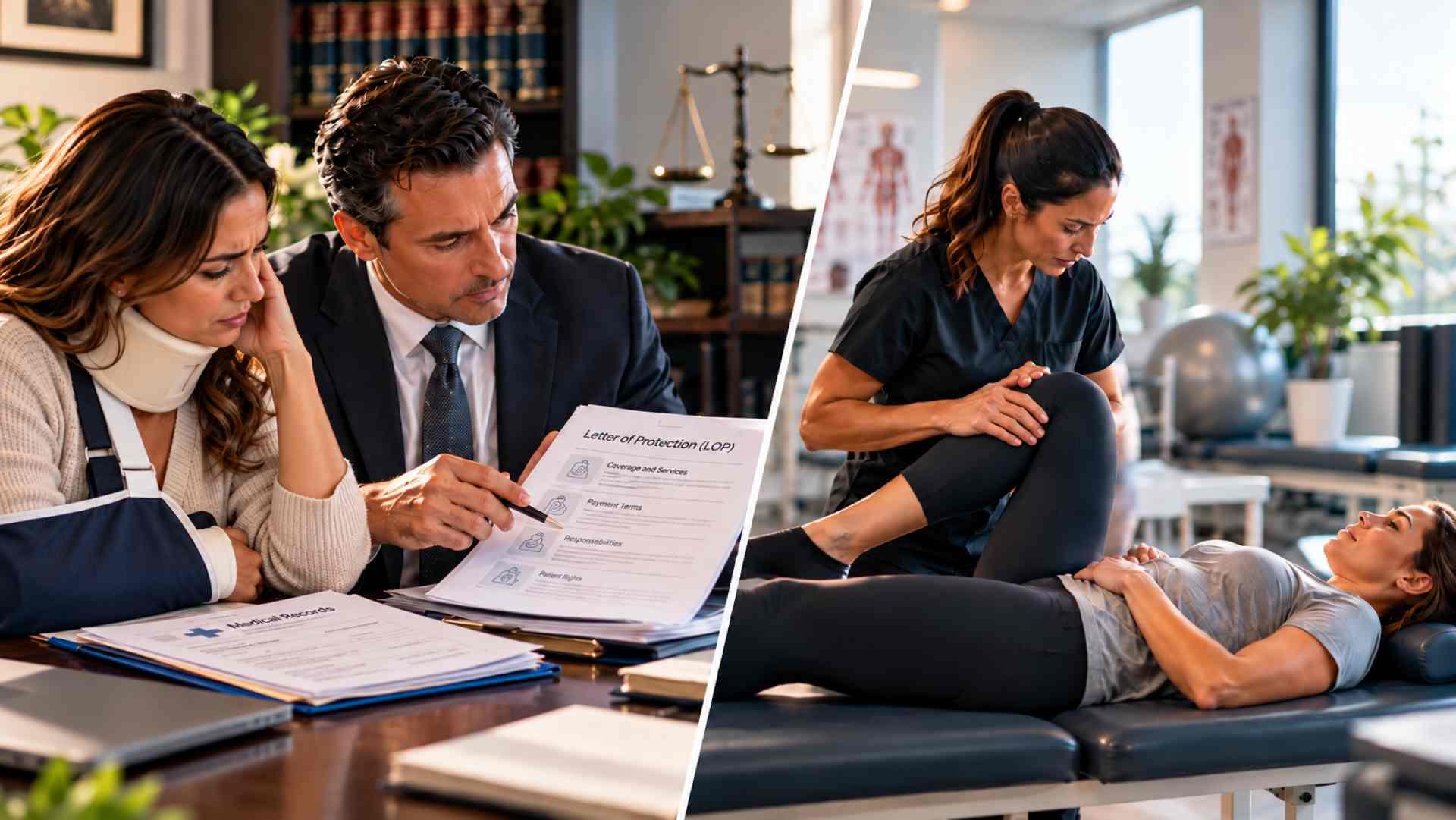 Illustration of an attorney reviewing LOP paperwork alongside a clinician assessing a patient’s knee