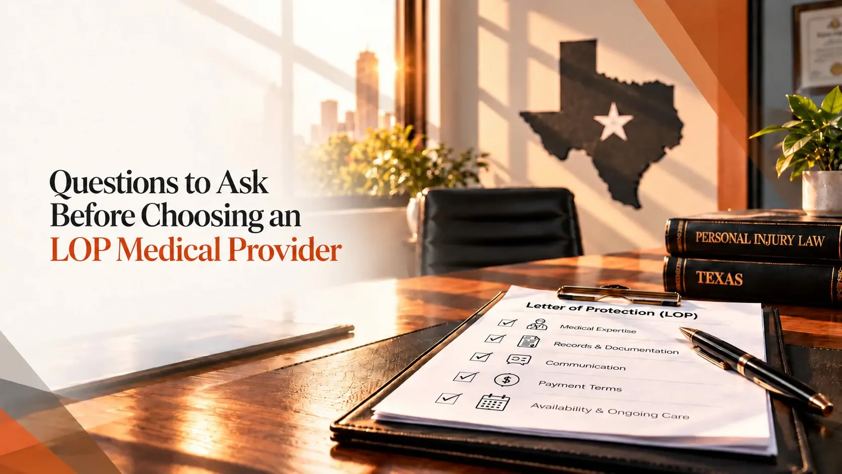 Questions to ask before choosing an LOP medical provider, illustrated with a Texas law office and review checklist